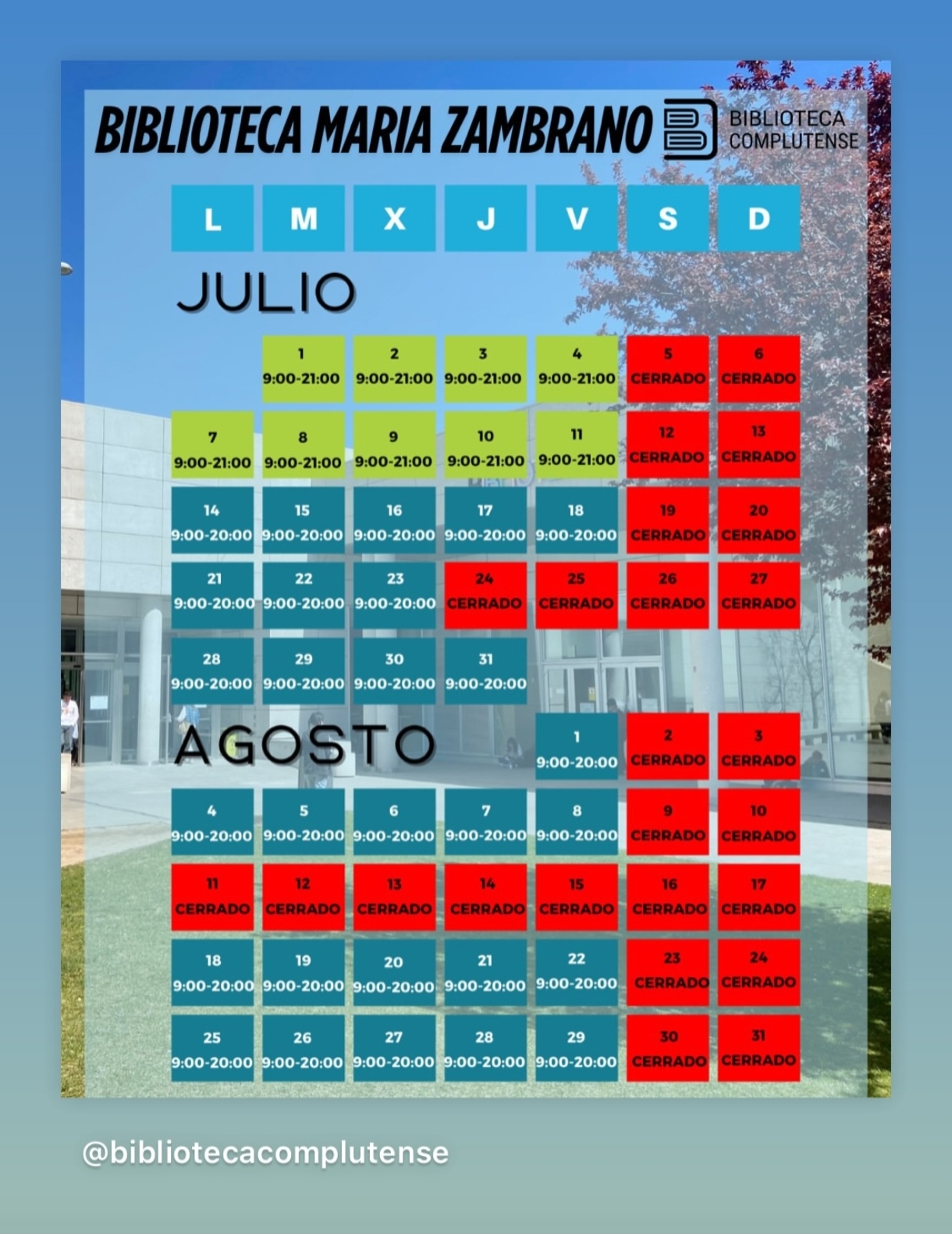 Horarios Bilioteca María zambrano: Julioy Agosto 